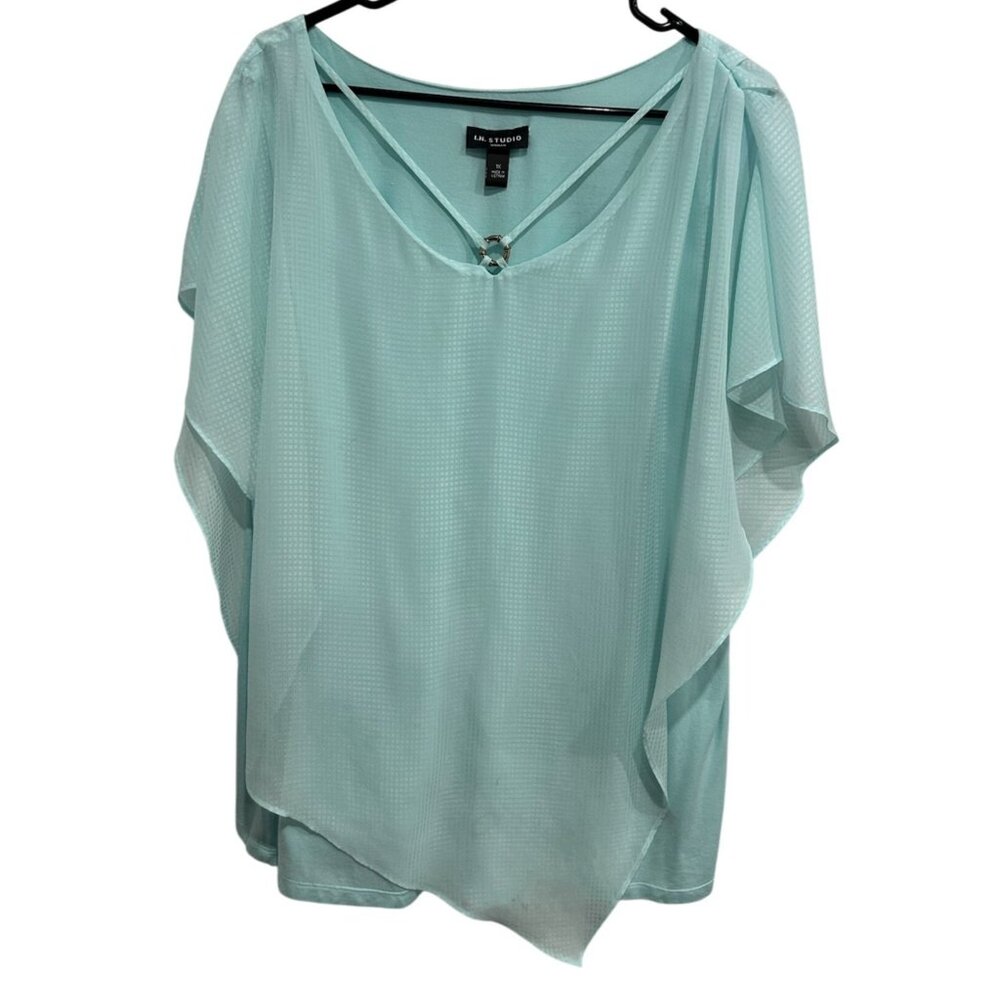 I.N. Studio Womens Sheer Aqua Poncho Blouse V-Neck Ring Detail Sz 1X